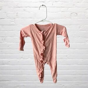 Little Buggins // Stretchy Pink Zippy Pajamas with Ruffle Butt and Mittens